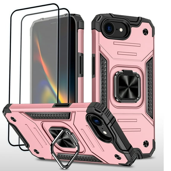 Hotpom for iPhone 16E/ iPhone SE4 Case with 2 Pack Screen Protector, Military Grade Drop Protection with 360° Rotating Stand and Car Mount Capability, Pink