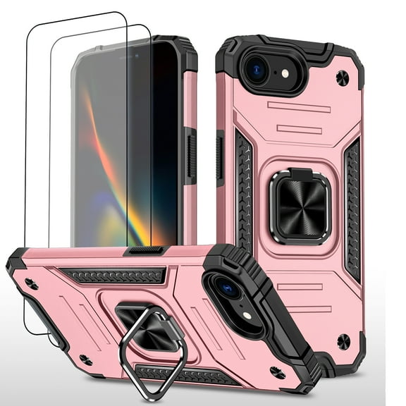Hotpom for iPhone 16E/ iPhone SE4 Case with 2 Pack Screen Protector Military Rugged Durable Grade Drop Protection with 360° Rotating Stand and Car Mount Capability, Pink