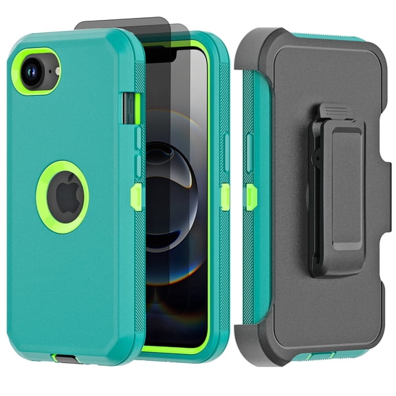 Hotpom for iPhone 16E/ iPhone SE4 Case with Belt Clip Holster & Kickstand + 2 Pack Privacy Screen Protector, Heavy Duty Protection Military Grade Shockproof, Blue+ Green