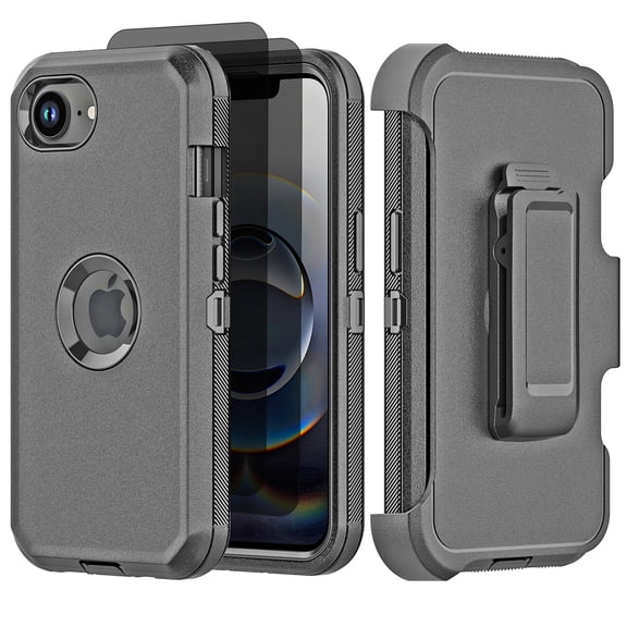 Hotpom for iPhone 16E/ iPhone SE4 Case with Belt Clip Holster & Kickstand + 2 Pack Privacy Screen Protector, Heavy Duty Protection Military Grade Shockproof, Black