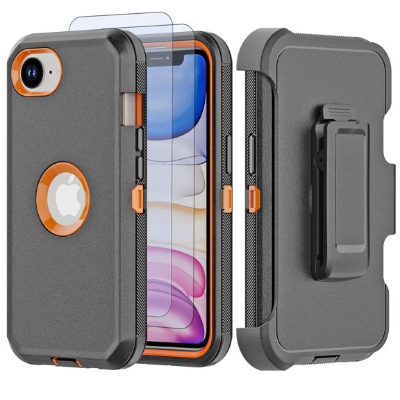 Hotpom for iPhone 16E/ iPhone SE4 Case with Belt Clip Holster & Kickstand + 2 Pack Screen Protector,Heavy Duty Shockproof Drop Protection,for Outdoor and Daily Commute, Black + Orange