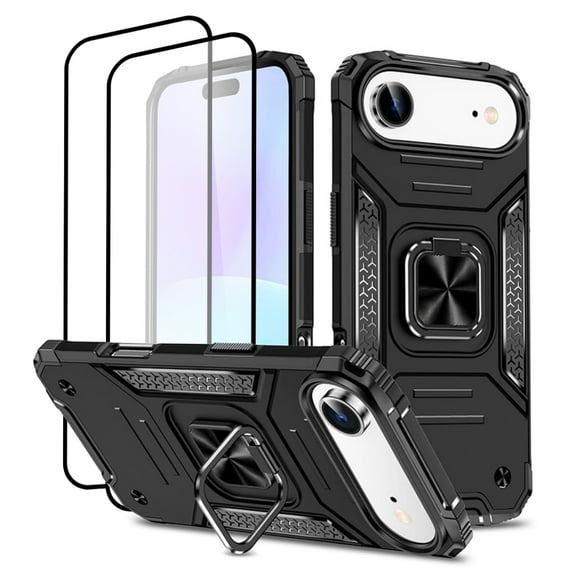 Hotpom for iPhone 17 Case with 2 Pack Screen Protector Dual Layer Rugged Shockproof Protection with 360° Rotating Stand and Car Mount Capability, Black