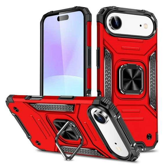 Hotpom for iPhone 17 Case Dual Layer Rugged Shockproof Protection with 360° Rotating Stand and Car Mount Capability, Mobile Security Travel Accessory, Red