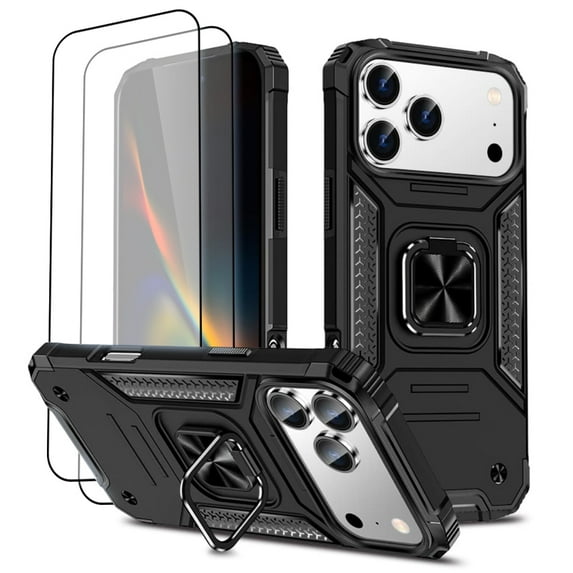 Hotpom for iPhone 17 Pro Case with 2 Pack Screen Protector Dual Layer Rugged Shockproof Protection with 360° Rotating Stand and Car Mount Capability, Black