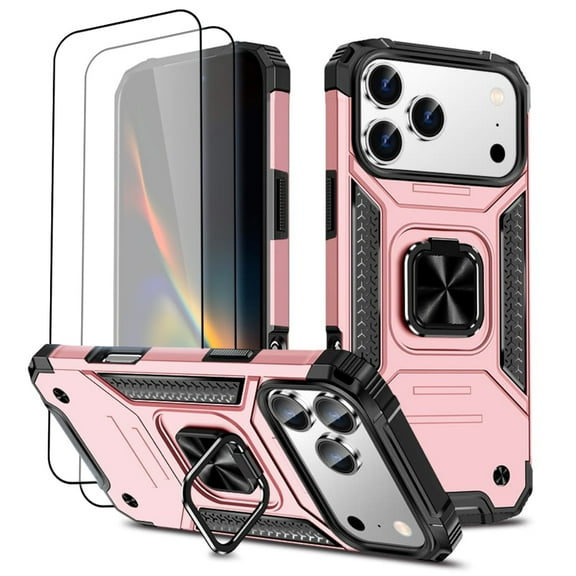 Hotpom for iPhone 17 Pro Case with 2 Pack Screen Protector Dual Layer Rugged Shockproof Protection with 360° Rotating Stand and Car Mount Capability, Pink