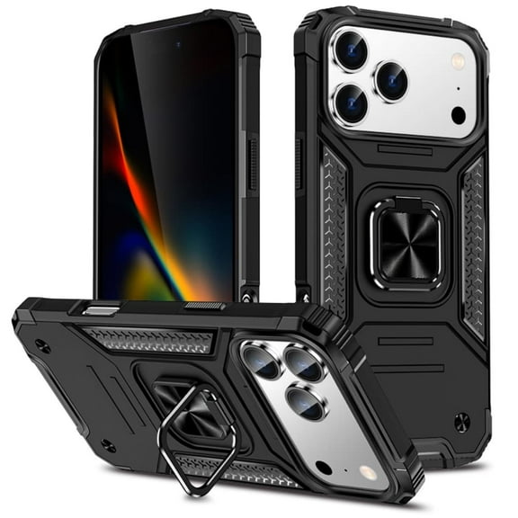 Hotpom for iPhone 17 Pro Case Dual Layer Rugged Shockproof Protection with 360° Rotating Stand and Car Mount Capability, Mobile Security Travel Accessory, Black