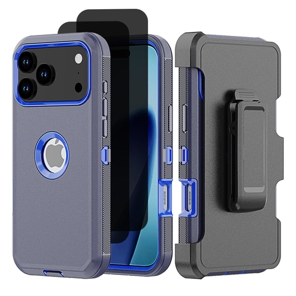 Hotpom for iPhone 17 Pro Max Case with Belt Clip + 2 Pack Privacy Screen Protector Complete Body Tough Shockproof And Dustproof Protective Cover, Blue