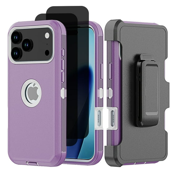 Hotpom for iPhone 17 Pro Max Case with Belt Clip + 2 Pack Privacy Screen Protector Complete Body Tough Shockproof And Dustproof Protective Cover, Purple