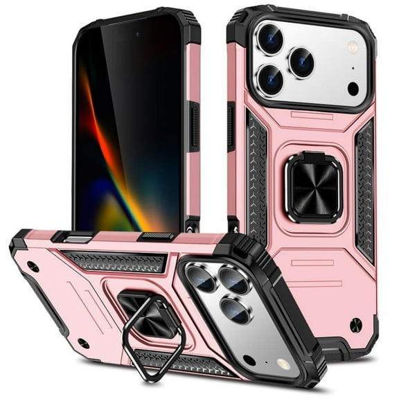 Hotpom for iPhone 17 Pro Max Case Dual Layer Rugged Shockproof Protection with 360° Rotating Stand and Car Mount Capability, Mobile Security Travel Accessory, Pink