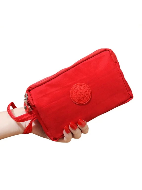 wristlet purses for women, 3 Layers Zipper Large Capacity Wallet, Solid Color with Letter Print Portable Handheld Bag, for Everyday Essentials, Phone, Keys, Cards and Cosmetic Storage, Red