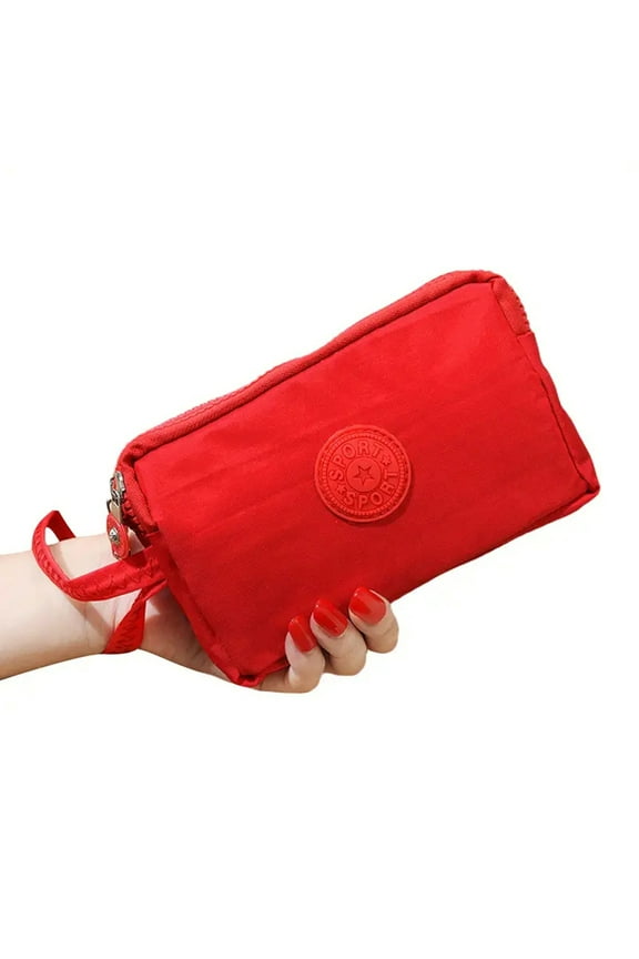 wristlet purses for women, 3 Layers Zipper Large Capacity Wallet, Solid Color with Letter Print Portable Handheld Bag, for Everyday Essentials, Phone, Keys, Cards and Cosmetic Storage, Red