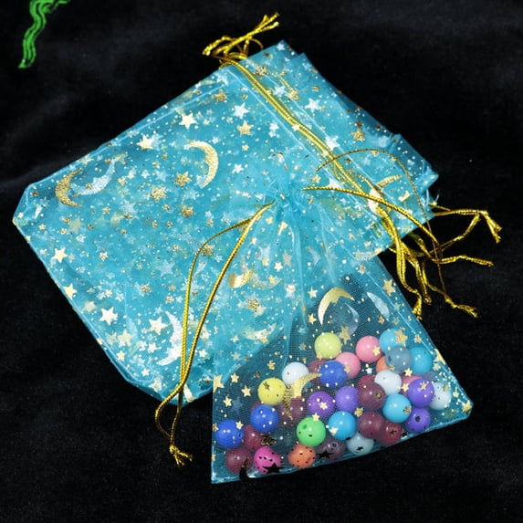 Hotsale 100pcs/lot Moon Star Organza Bags 7x9 9x12cm Small Christmas Drawstring Gift Bag Charm Jewelry Packaging Bags & Pouches Lake Blue 7x9cm