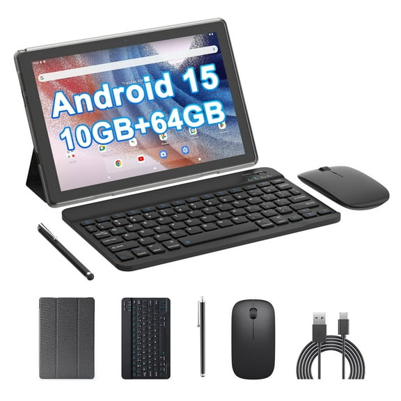 Peicheng 10" Android 15 Tablet, 10(4+6Expand)GB RAM+64GB ROM Tablet Kit with Protective Case/Stylus/Keyboard/Mouse, 2+8MP Dual Camera, 6000mAh Battery (1set, Black)