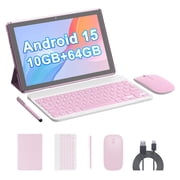 Peicheng 10" Android 15 Tablet, 104+6ExpandGB RAM+64GB ROM Tablet Kit with Protective Case/Stylus/Keyboard/Mouse, 2+8MP Dual Camera, 6000mAh Battery 1set, Pink