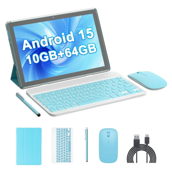Peicheng 10" Android 15 Tablet, 10(4+6Expand)GB RAM+64GB ROM Tablet Kit with Protective Case/Stylus/Keyboard/Mouse, 2+8MP Dual Camera, 6000mAh Battery (1set, Silvery-blue)