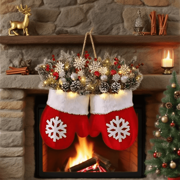 karymi Twinkling Christmas Mitten Wreath 36cm Pre-Lit Flocked Christmas Wreath Indoor Wall Hanging Decoration Outdoor Outside Porch Decor Christmas Party Favors