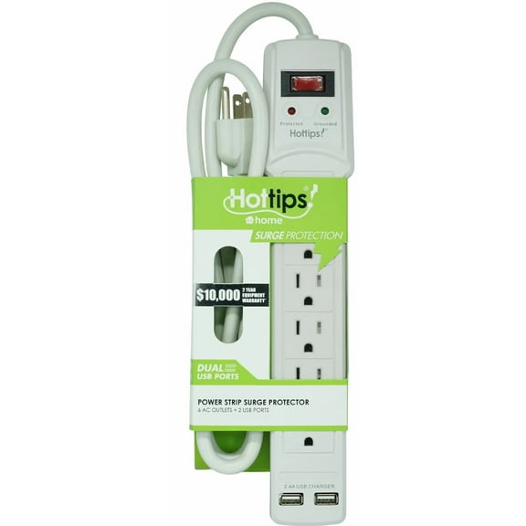 Hottips Octa-Energy 6-Outlet Power Strip Surge Protector with 2 USB Ports (Pack of 2)