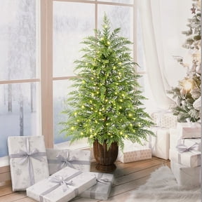 Hotyverty 4' Pre-Lit Cypress Green Artificial Christmas Tree with 100 Warm White Twinkle LED Lights in Woven Basket