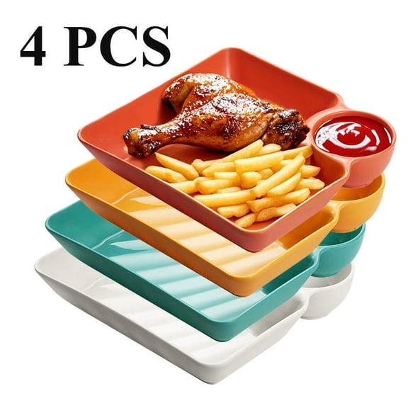 Hotyverty 4Pcs Chips and Dip Plates, Plastic Serving Platter Set Dumpling Plate with Dipping Saucer, White Divided Snack Serving Dishes for Appetizer, Sushi, Taco Salsa, Reusable