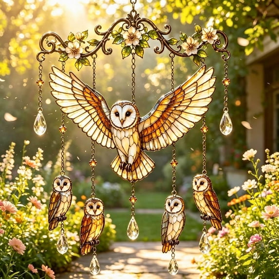 Hotyverty Graceful Barn Owl Chime, Wind Chimes for Outside, Stained Glass & Crystal Sun Catcher Windchime, Colorful Bird Yard Decorations Outdoor, Memorial Gardening Gift for Women #C