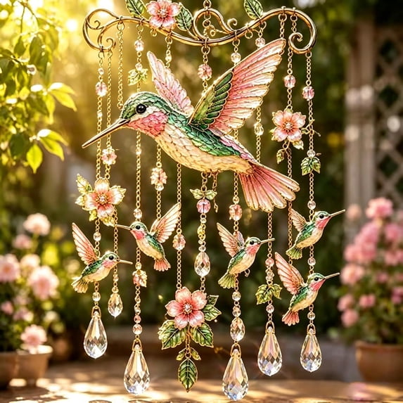 Hotyverty Graceful Hummingbird Wind Chime, Wind Chimes for Outside, Stained Glass & Crystal Sun Catcher Windchime, Colorful Bird Yard Decorations Outdoor, Memorial Gardening Gift for Women #A