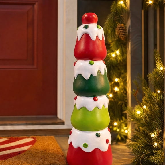 Hotyverty Lighted Stacked Christmas Dessert Tree Resin Statue, Battery Powered Tabletop Candy Decor, Festive Layered Ornament for Mantel Home Holiday Collectible