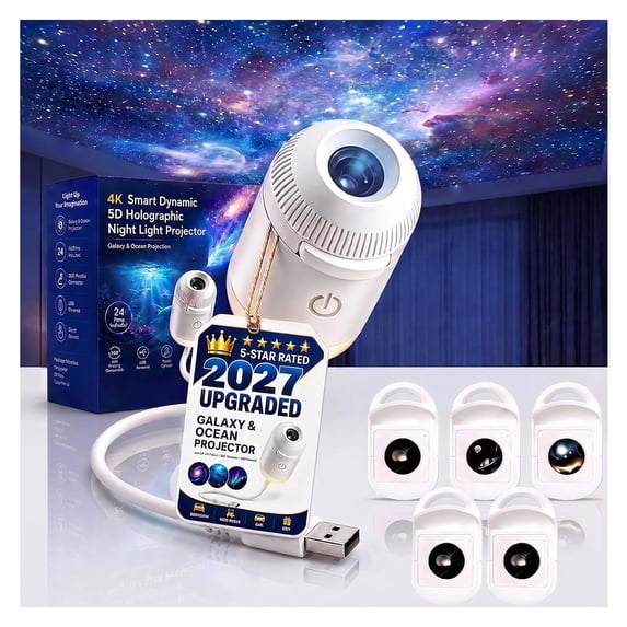 Hotyverty Night Light Projector, 2026 New Hd Smart Dynamic 5d Holographic Projector Plug and Play Hd Star Projector, 360° Adjustable Galaxy and Ocean Projectors for Ceiling (5 Projection Films)