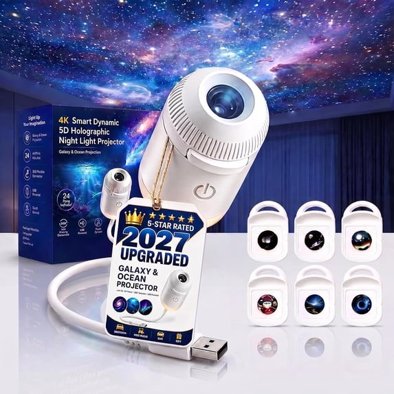 Hotyverty Night Light Projector, 2026 New Hd Smart Dynamic 5d Holographic Projector Plug and Play Hd Star Projector, 360° Adjustable Galaxy and Ocean Projectors for Ceiling (6 Projection Films)
