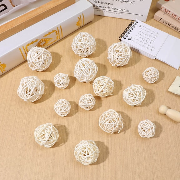 Houderco 15Pcs Home Rattan Ball Woven Wicker Balls for Vase Filler Craft Project White 3cm 4cm 5cm