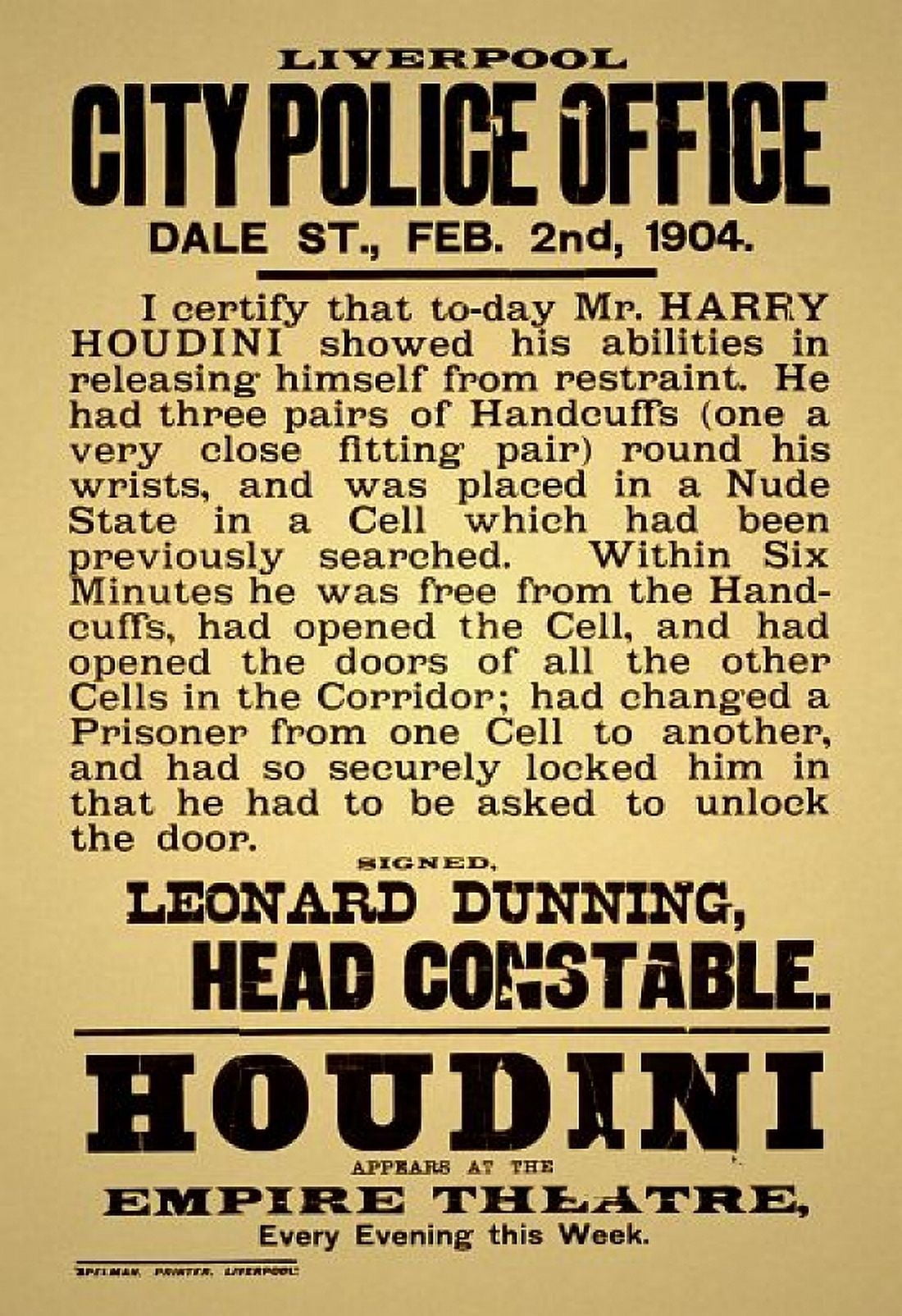 Houdini Appears At The Empire Theatre Magic Canvas Art - (36 x 54)