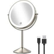 Houflody 8 Inch Lighted Makeup Mirror 1X/10X Magnifying LED Makeup Mirror 3 Color Dimmable Lighting Modes Rechargeable Cordless Cosmetic Mirror with Touch Control Vanity Mirror 360° Rotation(Nickel)