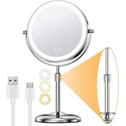 Houflody Lighted Makeup Mirror with Magnification 10X, 3 Color Dimmable Lights & Height Adjustable 7" Cosmetic Mirror, 360° Swivel Double Sided Rechargeable LED Vanity Mirror-Sliver
