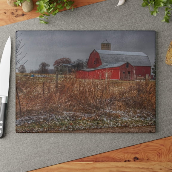 U R There Photography Hough Road Reds and Silo I Rustic Farmhouse Tempered-Glass Cutting Board 11"x 15"