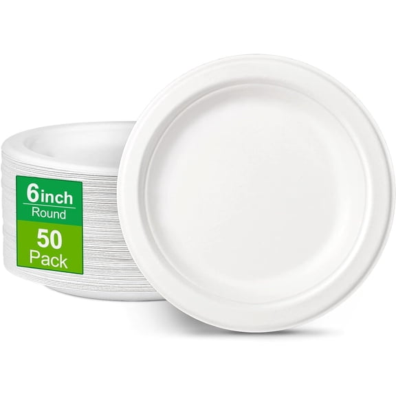 Houmye 100% Compostable Disposable Paper Plates AFN1Bulk [6" 50 Pack], Bamboo Plates, Eco Friendly, Biodegradable, Sturdy Small Dessert Party Plates, Heavy-Duty, Unbleached