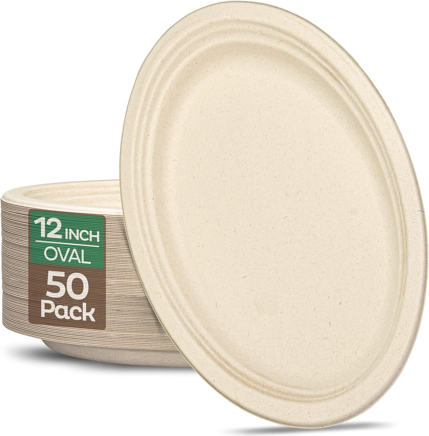 Houmye 100% Compostable Oval Paper Plates AFN1[50-Pack] - (PFAS-Free) - (BPI Certified) - [10 Inch] Heavy Duty, Eco-Friendly, Biodegradable Bagasse Dinner Platters - Natural Brown 10" Oval Plates
