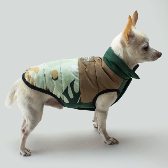 Houndstone Reversible Dog Puffer Vest - "Tropical Camo" - Soft Velcro Closure, Size XS