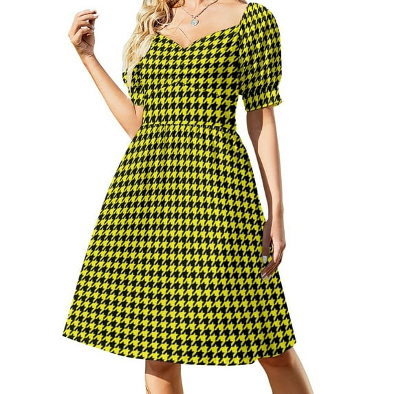 Houndstooth Art Dress Vintage Print Kawaii Dresses Woman Short Sleeve Stylish Casual Dress V Neck Clothes
