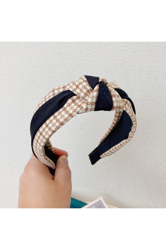 Houndstooth Bow Headband Temperament Hairband with Wide Edge Slim-Looking Face Headband H05