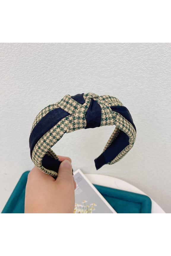 Houndstooth Bow Headband Temperament Hairband with Wide Edge Slim-Looking Face Headband H05