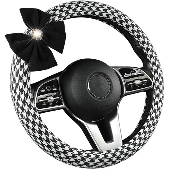 Houndstooth Bow Steering Wheel Covers Cute Beautiful Bow Pretty Steering Wheel Cover for Women Universal Fit 14.5-15 Inches Car Steering Wheel, Bow-Black
