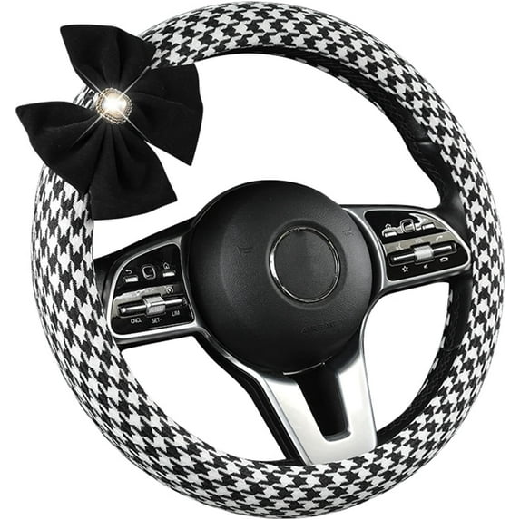 Houndstooth Bow Steering Wheel Covers Cute Beautiful Bow Pretty Steering Wheel Cover for Women Universal Fit 14.5-15 Inches Car Steering Wheel, Bow-Black