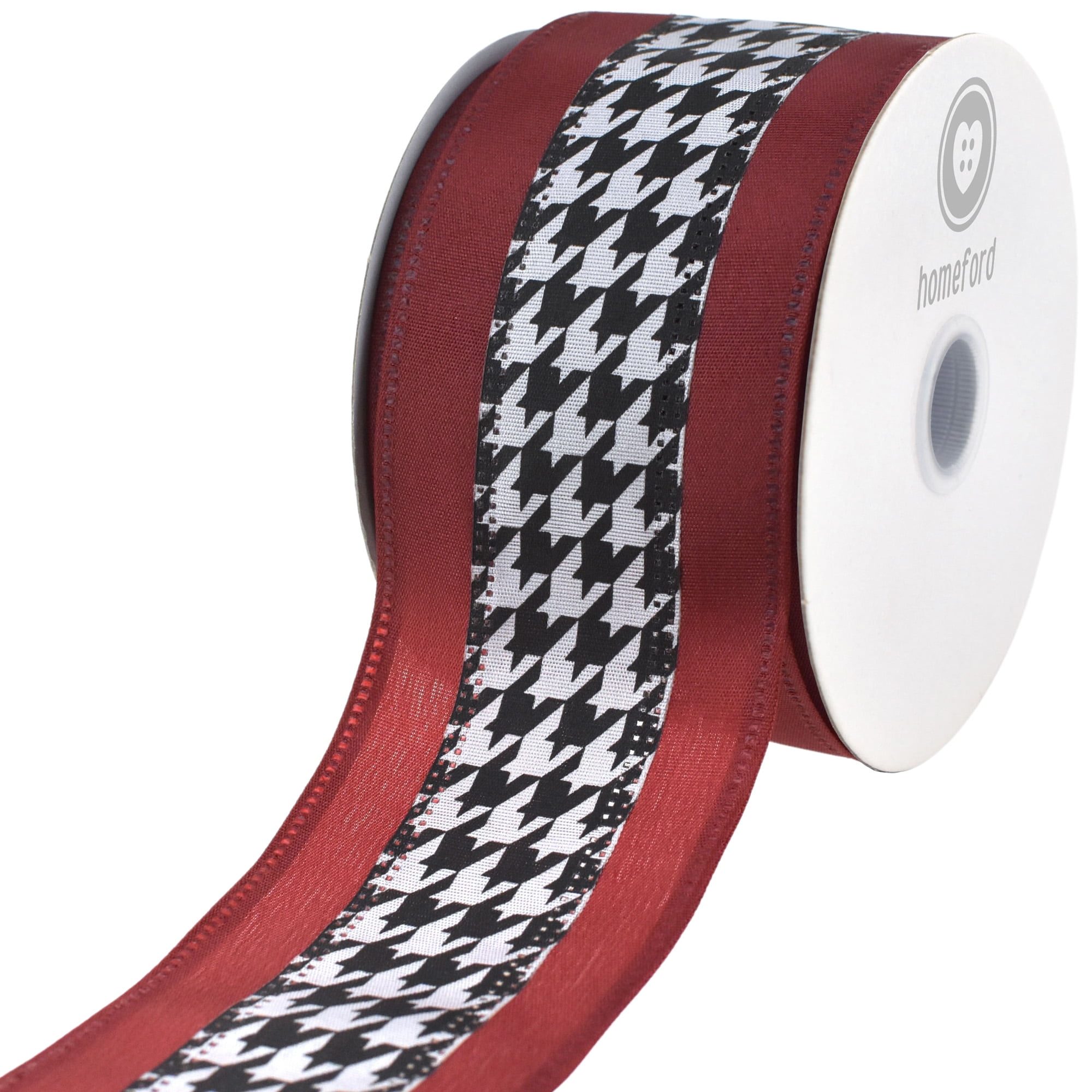 Houndstooth Crimson Wired Christmas Ribbon, Red Black White, 2-1/2-Inch, 10-Yard