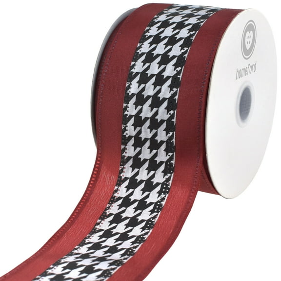 Houndstooth Crimson Wired Christmas Ribbon, Red Black White, 2-1/2-Inch, 10-Yard