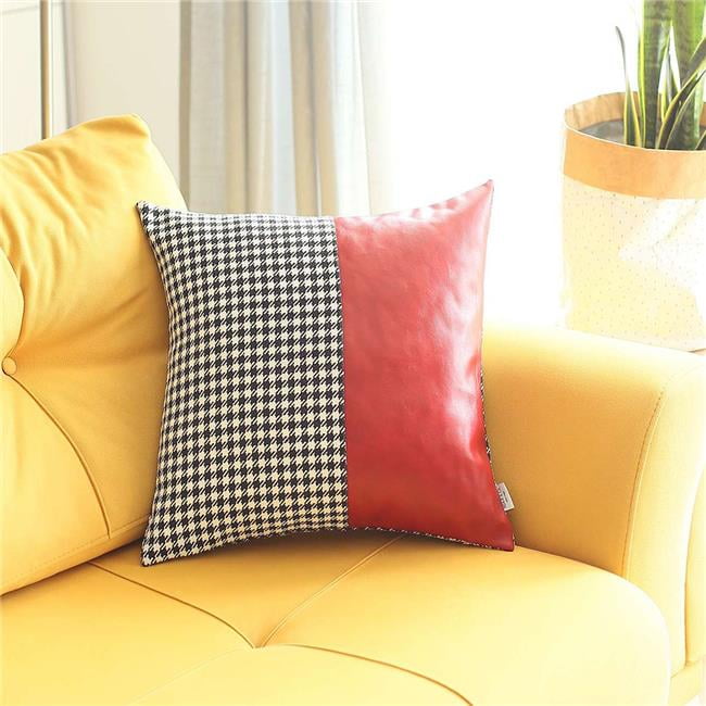 Houndstooth Divided Red Faux Leather Square Throw Pillow