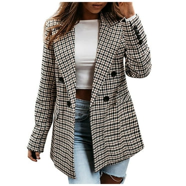 Houndstooth Jacket Women Casual Double Breasted Plaid Suit Jacket Coat Checked Long Sleeve Suit Blazer Regular Fit Work Business Office Fashion Casual Smart Autumn Winter Outwear Ladies