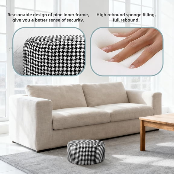 Houndstooth Ottoman Foot Stool with PU Leather Upholstery for Living Room Bedroom Vanity