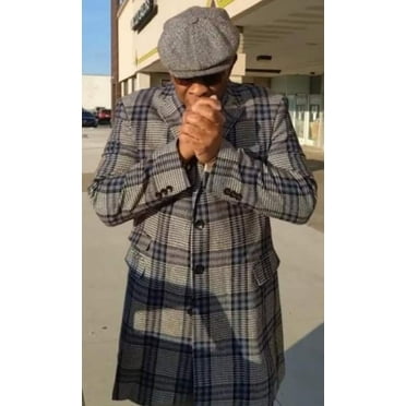 Houndstooth Overcoat - Gray and Black Checker With Blue Plaid Pattern Coat - Wool Fabric Topcoat
