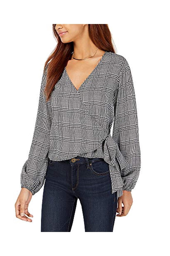 Houndstooth-Print Wrap Blouse Black Menswear S