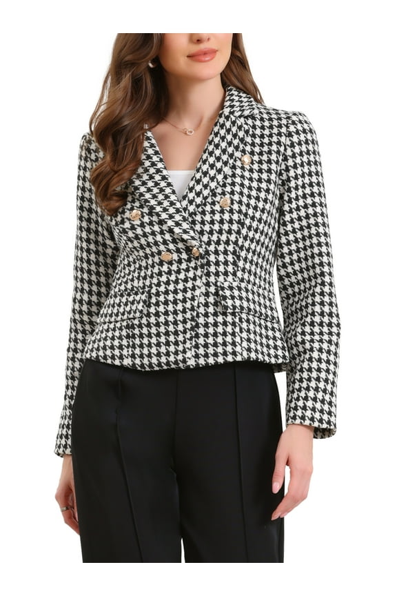 Houndstooth Suit for Women Notch Lapel Buttons Long Sleeves Casual Blazer XL Black