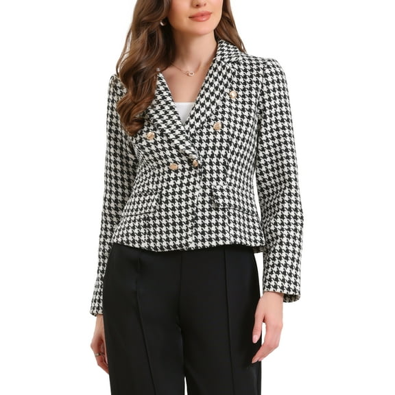 INSPIRE CHIC Houndstooth Suit for Women Notch Lapel Buttons Long Sleeves Casual Blazer XS Black